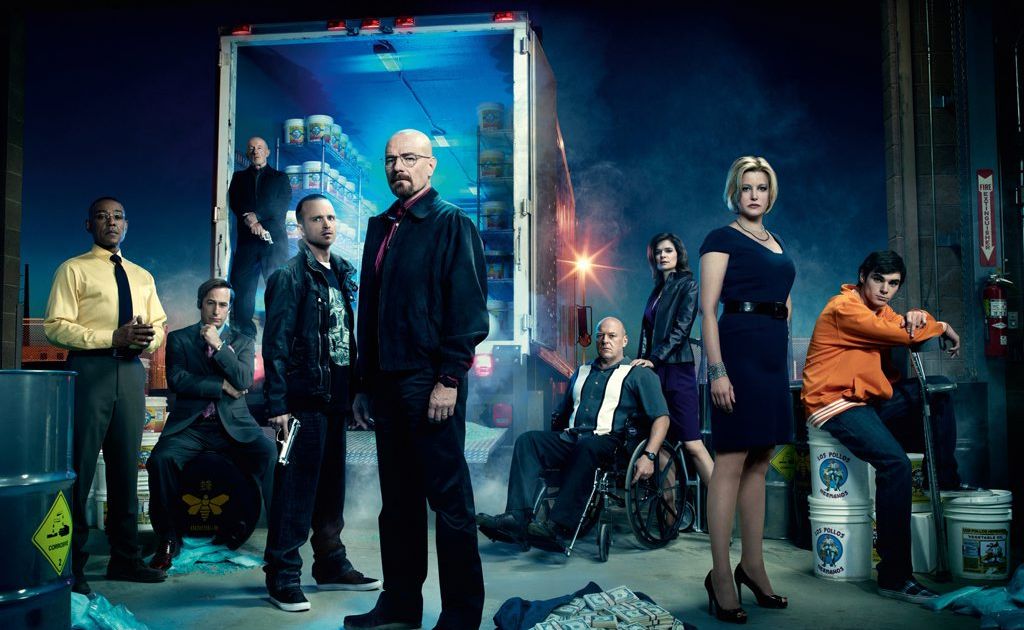 The cast of Breaking Bad. Dodgy, wisecracking lawyer Saul Goodman (played by Bob Odenkirk) is second from left, sitting down. The cast of Breaking Bad. Dodgy, wisecracking lawyer Saul Goodman (played by Bob Odenkirk) is second from left, sitting down.
